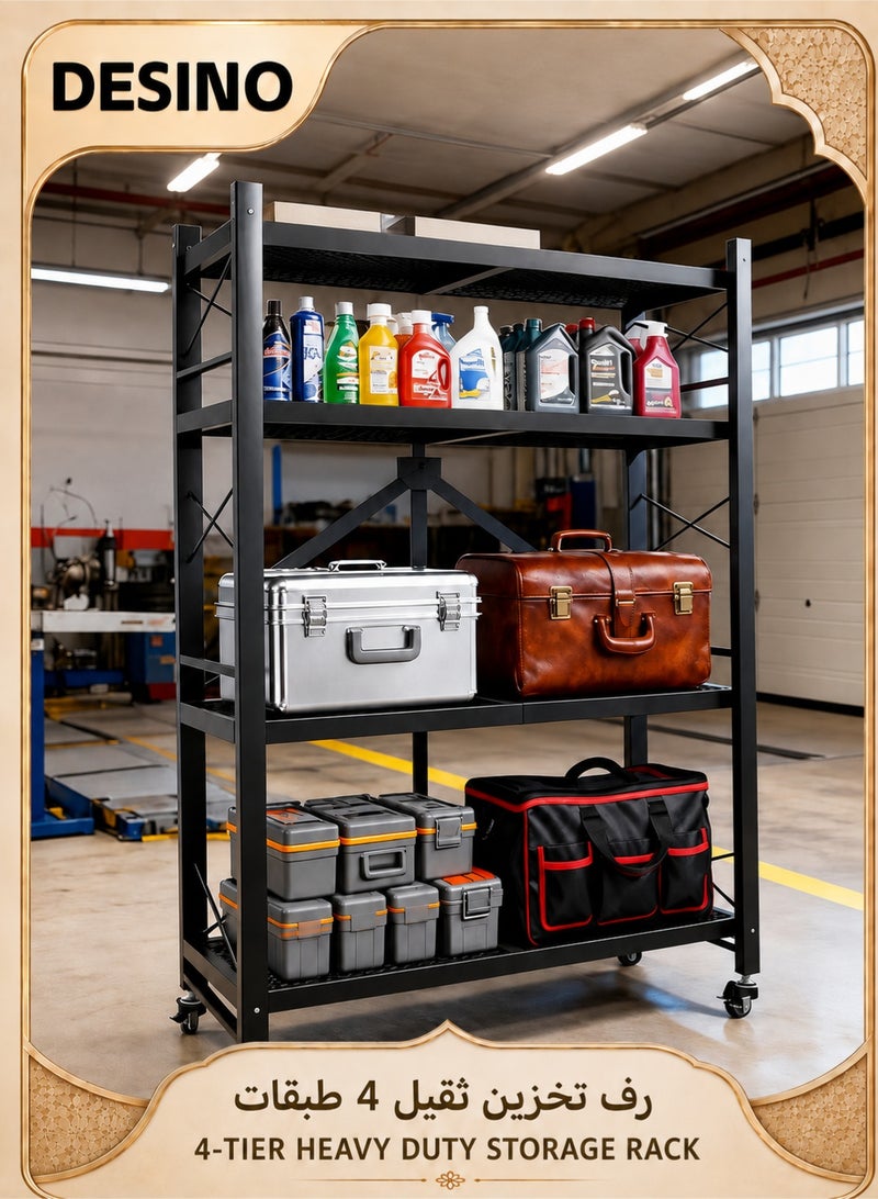 DESINO Foldable Shelves 4 Tier Heavy Duty Metal Storage Shelves with Wheels - No Assembly Collapsible Shelving Unit for Kitchen Garage Hold up to 1250 lbs - Image 1
