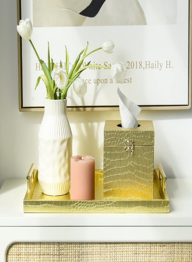 JUMBO HUMBLE Modern Elegant Gold Tissue Box Cover Square, Gold Crocodile Leather Tissue Box Holder for Napkin Facial Paper, Wood Tissue Box Cover for Bathroom Bedroom Vanity Countertop - Image 2