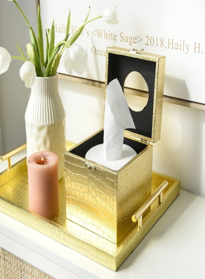 JUMBO HUMBLE Modern Elegant Gold Tissue Box Cover Square, Gold Crocodile Leather Tissue Box Holder for Napkin Facial Paper, Wood Tissue Box Cover for Bathroom Bedroom Vanity Countertop - Image 3