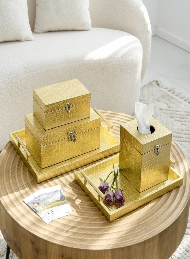 JUMBO HUMBLE Modern Elegant Gold Tissue Box Cover Square, Gold Crocodile Leather Tissue Box Holder for Napkin Facial Paper, Wood Tissue Box Cover for Bathroom Bedroom Vanity Countertop - Image 4