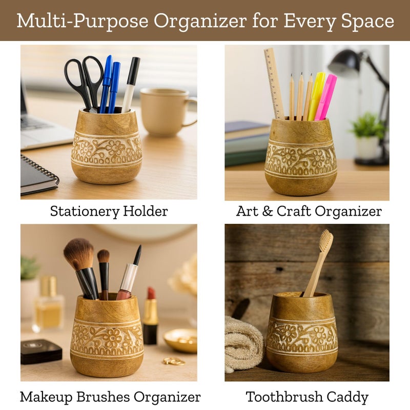 Mie Creations Designer Pencil Holder For Desk Wood | Paintbrush Holder Cup  Desk Accessories  Cute Make Up Brush Organizers | Office Desktop  Wooden Pen Stand | Stationary  Art Supplies | White-4'' - Image 3