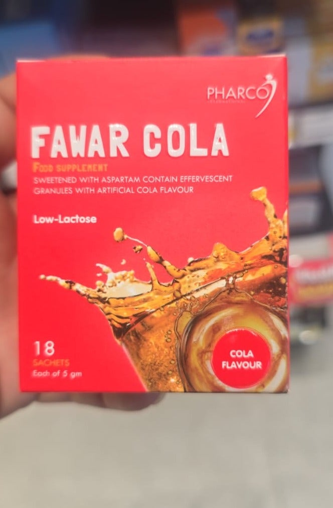 A box of Pharco Fawar effervescent cola granules, a dietary supplement containing 18 sachets.