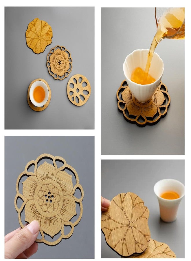 GCFTIFF Bamboo Coasters for Coffee Table Set of 3,Absorbent Ceramic Coasters,Fit All Cups,Coffee Table Decor for Tabletop Protection Gifts for House Warming New Home & Wedding (LotusBamboo, 3PCS) - Image 4