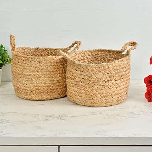 LaVichitra Braided Jute Baskets | Storage Bins Organizer | Laundry, Toys & Planter Basket- Set of 2 (6x8 Inch) - Image 1