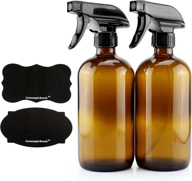 Cornucopia Brands 16oz Amber Glass Spray Bottles w/Reusable Chalk Labels (2 Pack), Heavy Duty Mist & Stream 3-Setting Sprayer; Great for Essential Oils