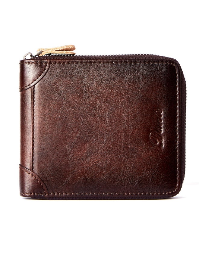Dante Men's Wallet Genuine Leather Short Zipper Top Layer Cowhide Anti-theft Card Swiping Wallet Brown - Image 1