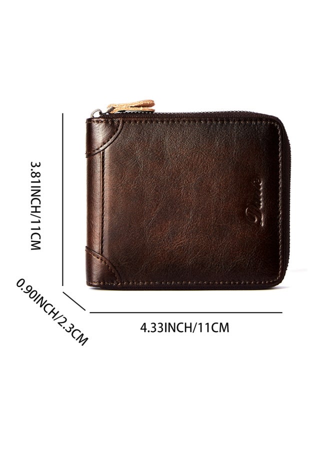 Dante Men's Wallet Genuine Leather Short Zipper Top Layer Cowhide Anti-theft Card Swiping Wallet Brown - Image 5