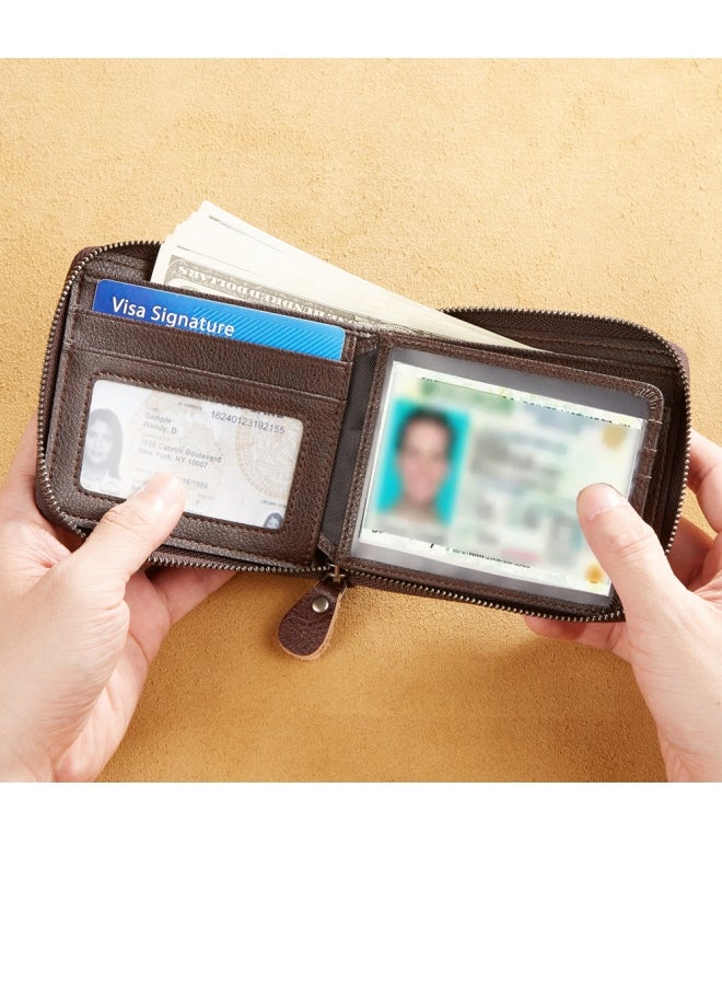 Dante Men's Wallet Genuine Leather Short Zipper Top Layer Cowhide Anti-theft Card Swiping Wallet Brown - Image 2