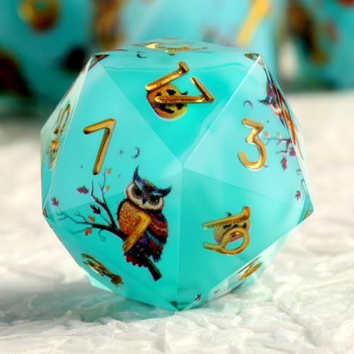 DNDND Owl Aqua Blue Translucent Resin Dice Set 7Piece Sharp Edge RPG Dice for DD with Stickers Handcrafted Premium Metal Case Gift - Image 1