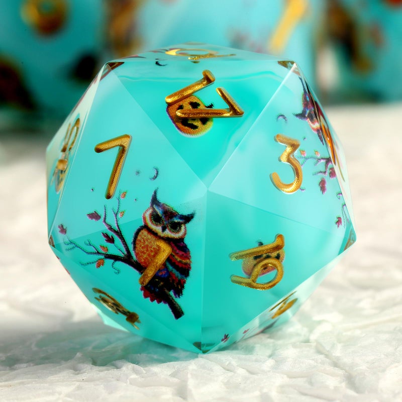 DNDND Owl Aqua Blue Translucent Resin Dice Set 7Piece Sharp Edge RPG Dice for DD with Stickers Handcrafted Premium Metal Case Gift - Image 3