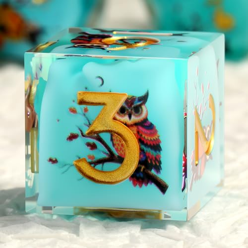 DNDND Owl Aqua Blue Translucent Resin Dice Set 7Piece Sharp Edge RPG Dice for DD with Stickers Handcrafted Premium Metal Case Gift - Image 5
