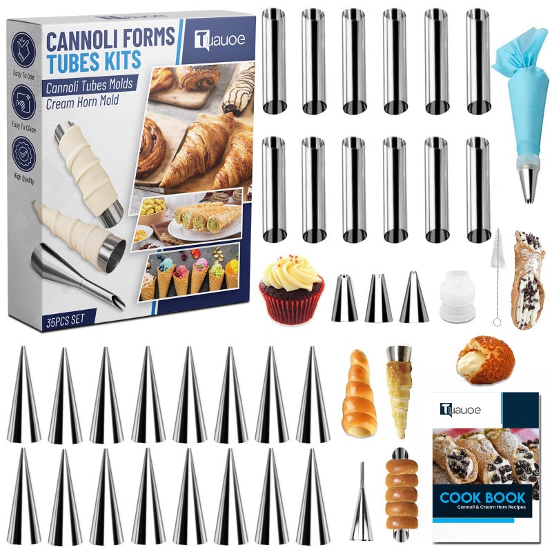 Tuauoe Cream Horn Molds for Baking, 35pcs Cannoli Tubes Molds, Non-stick Stainless Steel 16pcs Cone Shaped and 12pcs Tubular Shaped Cannoli Forms for Danish Pastry Lady Lock Form Cream Roll Croissant - Image 1