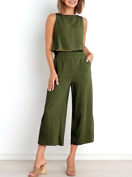 1Tarz 1Style Barbora Linen Summer High Waist Capri Pants Back Detail Sleeveless Two Piece Set LN26HAKI3 - Image 5