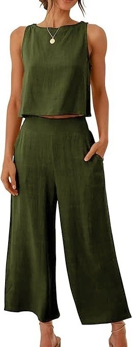 1Tarz 1Style Barbora Linen Summer High Waist Capri Pants Back Detail Sleeveless Two Piece Set LN26HAKI3 - Image 4
