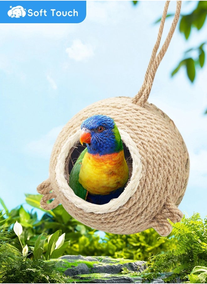 Soft Touch Natural Coconut Bird Nest Hanging Home Natural Coconut Fiber Shell Bird Cage with Hook Bird House for Parrot Parakeet Lovebird Finch Canary Creative Retro Bird Carrier for Indoor & Outdoor Use  - Image 1