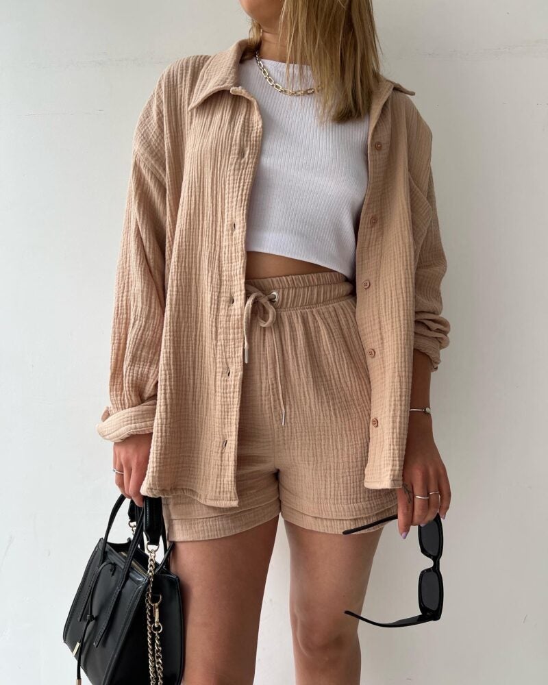 2023 European and American Solid Color Womens Fashion Casual Two-piece Cotton and Linen Lapel Long Sleeve Shirt High Waist Drawstring Shorts Pink - Image 3