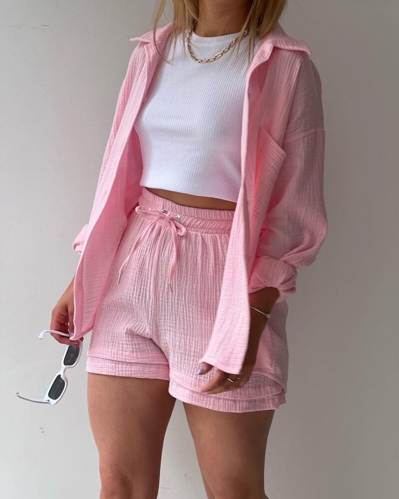 2023 European and American Solid Color Womens Fashion Casual Two-piece Cotton and Linen Lapel Long Sleeve Shirt High Waist Drawstring Shorts Pink - Image 1