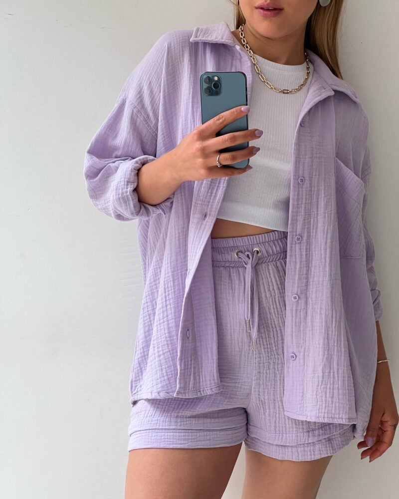 2023 European and American Solid Color Womens Fashion Casual Two-piece Cotton and Linen Lapel Long Sleeve Shirt High Waist Drawstring Shorts Pink - Image 2