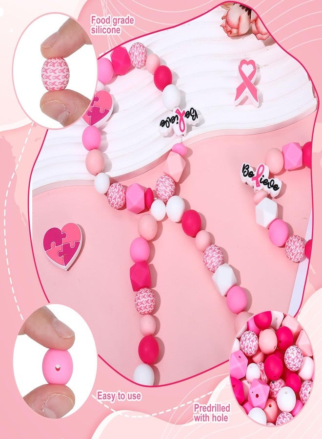 Whaline 104Pcs Breast Cancer Awareness Silicone Beads with Elastic Rope Assorted Pink Rubber Loose Spacer Beads for DIY Crafts Jewelry Necklaces Bracelets Keychain Making - Image 3