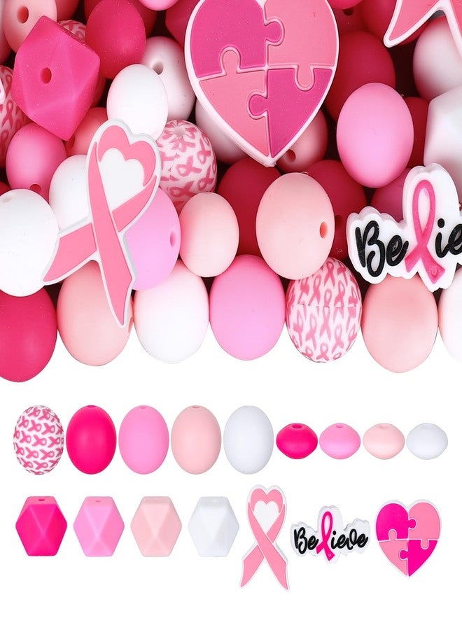 Whaline 104Pcs Breast Cancer Awareness Silicone Beads with Elastic Rope Assorted Pink Rubber Loose Spacer Beads for DIY Crafts Jewelry Necklaces Bracelets Keychain Making - Image 1
