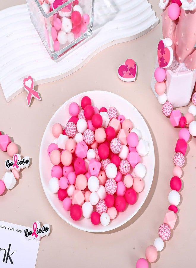 Whaline 104Pcs Breast Cancer Awareness Silicone Beads with Elastic Rope Assorted Pink Rubber Loose Spacer Beads for DIY Crafts Jewelry Necklaces Bracelets Keychain Making - Image 4