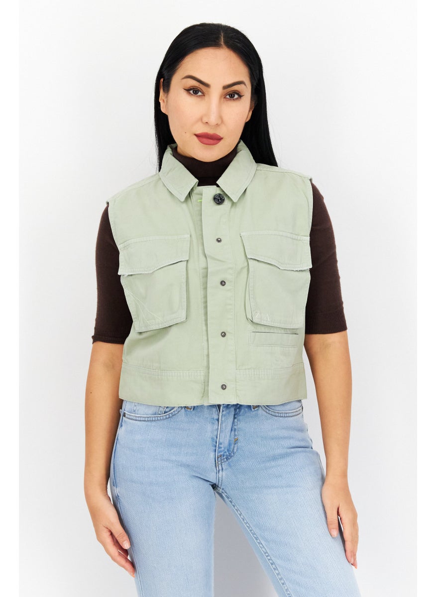RIVER ISLAND - جاكيت جينز نسائي سادة بدون أكمام، أخضر فاتح - Image 1