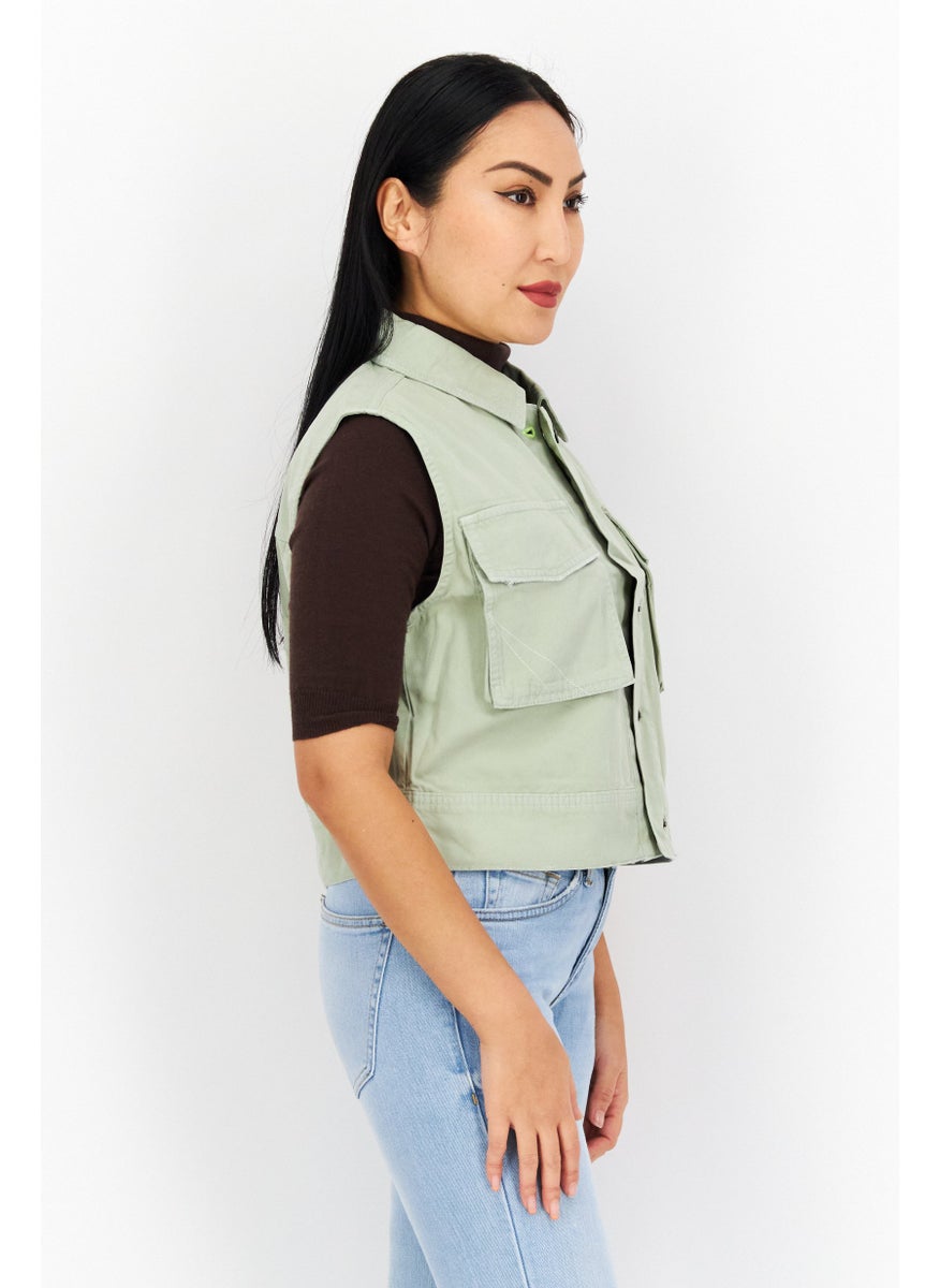 RIVER ISLAND - جاكيت جينز نسائي سادة بدون أكمام، أخضر فاتح - Image 1