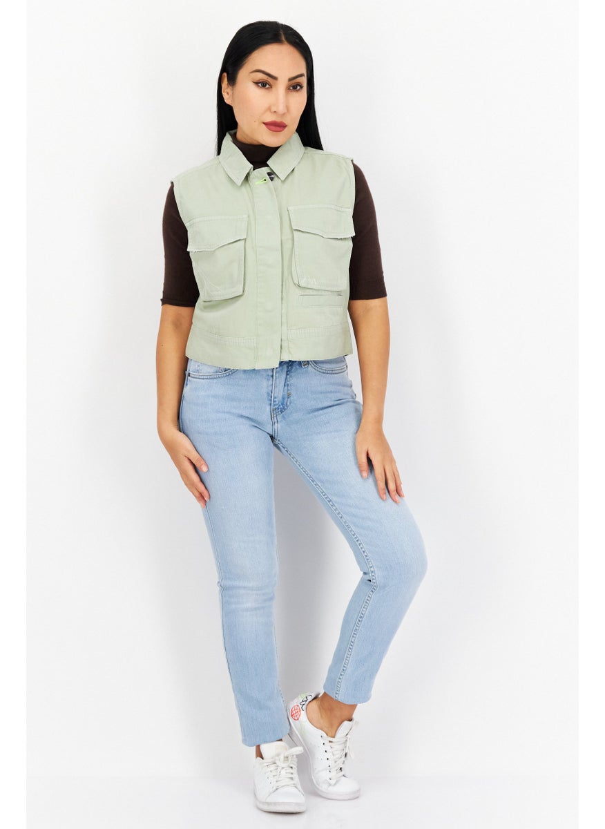 RIVER ISLAND - جاكيت جينز نسائي سادة بدون أكمام، أخضر فاتح - Image 1