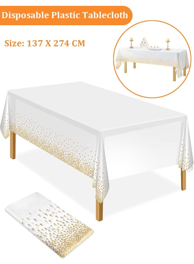 YIM-VIBEHAUS Disposable Plastic Tablecloth, White Gold Polka Dot Table Cloth for Party, 137 X 274 CM Table Cover Table Decoration for Picnic, Baby Shower, Birthday Decorations - Image 1