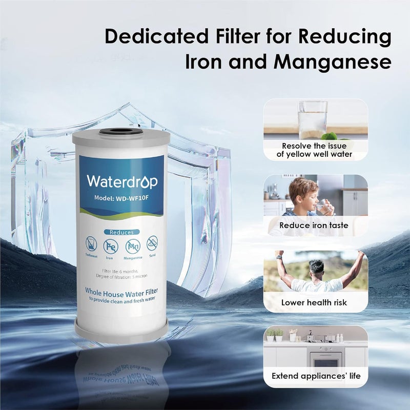 Waterdrop Whole House Water Filter, Carbon Filter, Reduce Iron & Manganese Filter Cartridge, Replacement for GE GXWH40L, FXHTC, Ispring, CulliganÂ® RFC-BBSA, WhirlpoolÂ®, Any 10" x 4.5" System, 5 Micron - Image 2