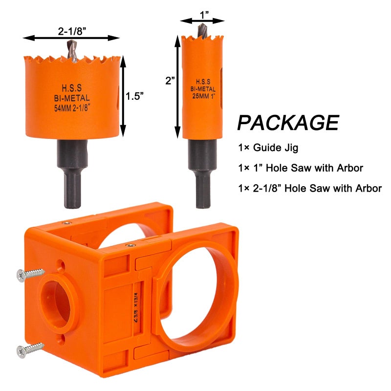 VIKITON Door Lock Installation Kit, with 1 inch Hole Saw (2 inch Depth) & 2-1/8 inch Hole Saw (1.5 inch Depth) and Jig, for Drilling Wood and Metal Door, Installing Deadbolt and Knob, Orange - Image 2