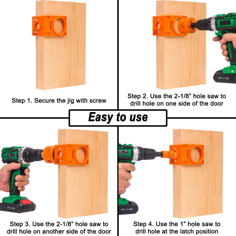 VIKITON Door Lock Installation Kit, with 1 inch Hole Saw (2 inch Depth) & 2-1/8 inch Hole Saw (1.5 inch Depth) and Jig, for Drilling Wood and Metal Door, Installing Deadbolt and Knob, Orange - Image 4