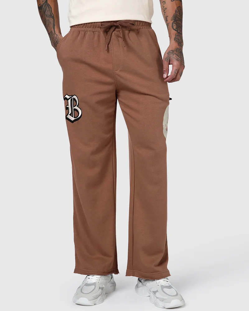 بيواكوف Men's Brown Embroidered Straight Fit Track Pants