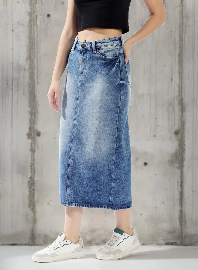 هاي ستار تنورة جينز نسائية متوسطة الطول بخصر مرتفع وفتحة جانبية