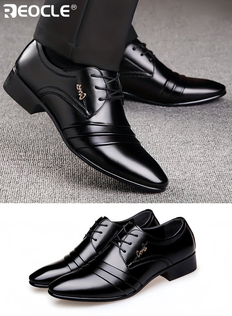 REOCLE Men's Leather Shoes Vintage Classic Derby Shoes Wide Width Available Comfy Non Slip Lace Up Rubber Sole Formal Shoes for Outdoor Activities and Casual Wear for Men - Image 1