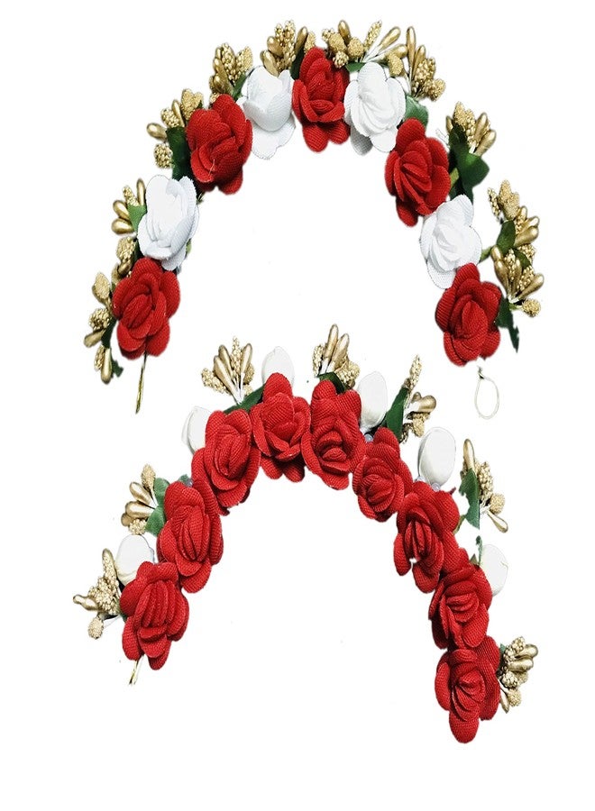 Arooman™ Bridal Artificial Flower Hair Juda Tiara/Gajra Hair Accessories for Women & Girls, Pack_02, Color-Red & White