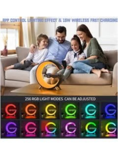 Table Lamp Desk Night Light with 15W Quick Wireless Charger and Bluetooth Speaker, Desk Lamp with Alarm Clock and 256 RGB Light Modes Bedroom Lamp As Sleep Aid White Noise Machine
