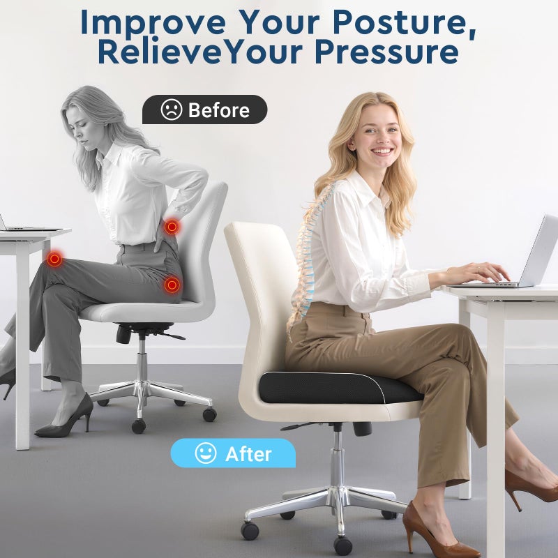 SofterCharm Seat Cushion, Memory Foam Office Chair Cushions for Long Sitting Hours, Chair Pad for Sciatica, Coccyx, Tailbone, Hip Pain & Pressure Relief, Office, Home, Car Seats, Airplane, Black/Large - Image 4