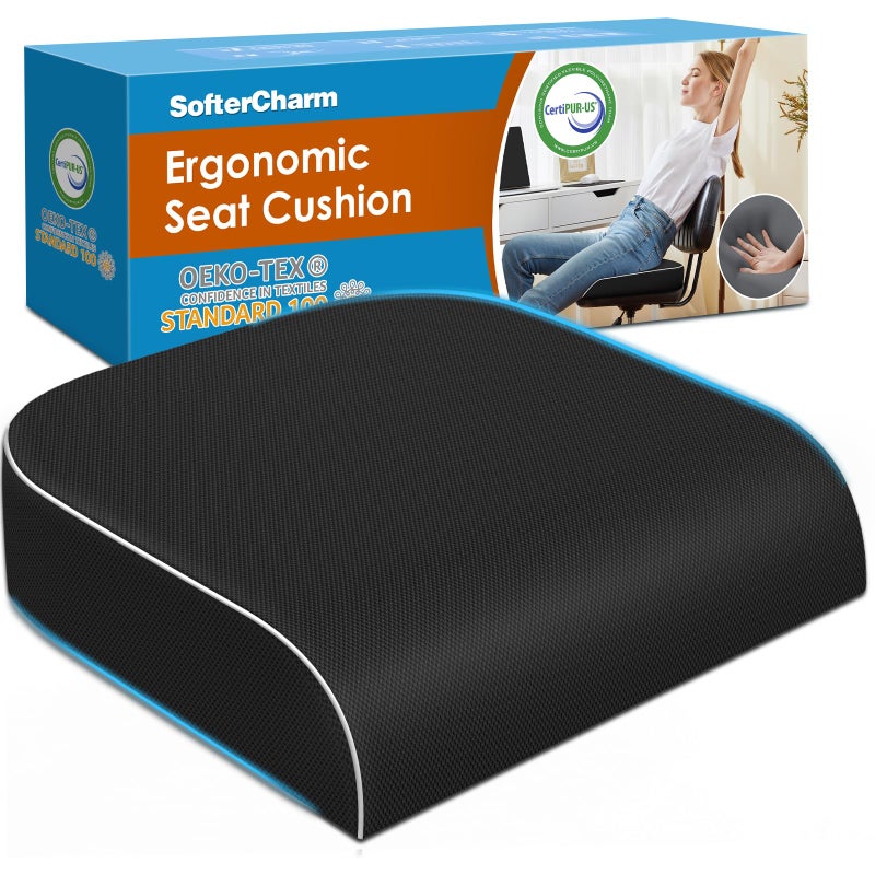 SofterCharm Seat Cushion, Memory Foam Office Chair Cushions for Long Sitting Hours, Chair Pad for Sciatica, Coccyx, Tailbone, Hip Pain & Pressure Relief, Office, Home, Car Seats, Airplane, Black/Large - Image 1