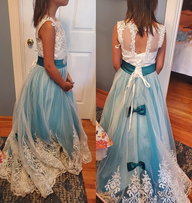 WDE Princess Teal Long Girls Pageant Dresses Kids Prom Puffy Tulle Ball Gown US 8 - Image 2