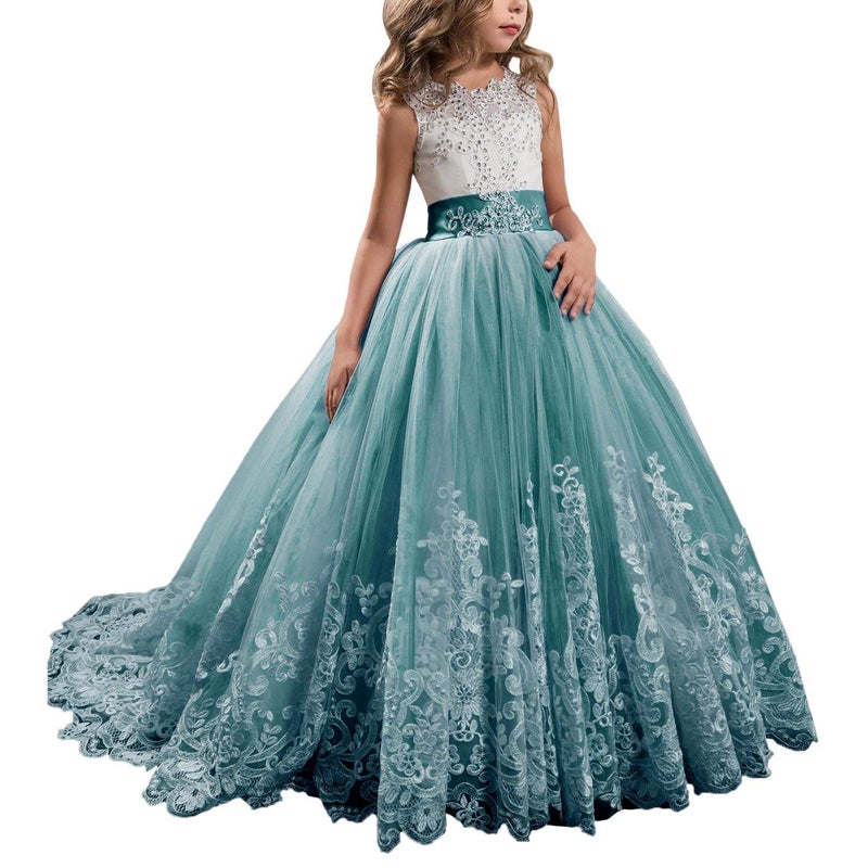 WDE Princess Teal Long Girls Pageant Dresses Kids Prom Puffy Tulle Ball Gown US 8 - Image 1