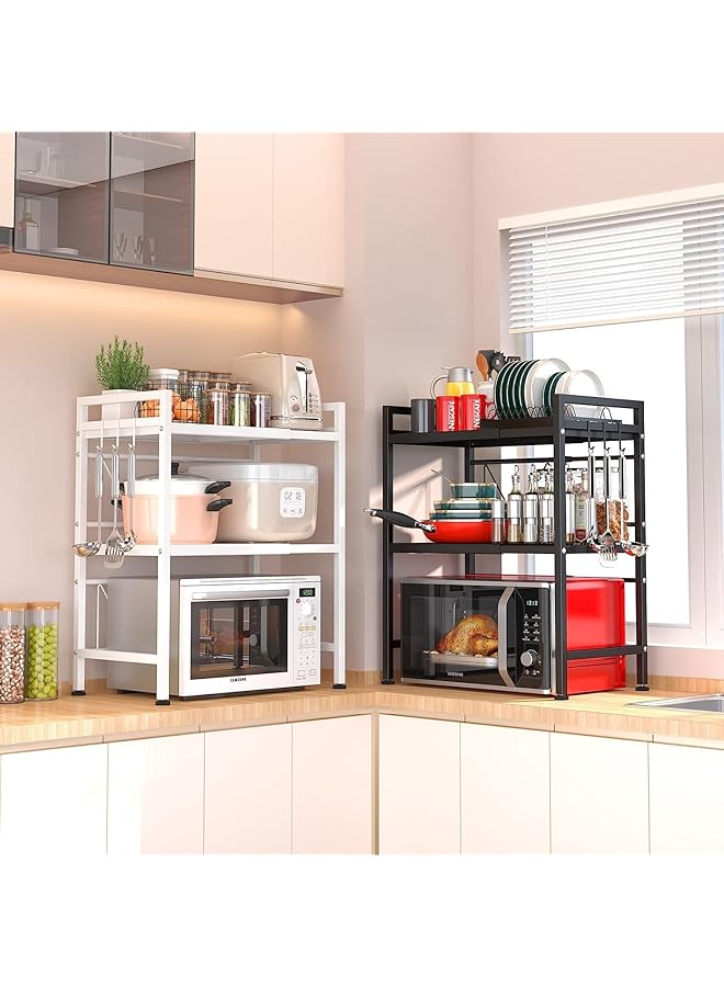 TRASSLE Extendable Microwave Oven Rack Adjustable Microwave Toaster Shelf Heavy Duty Stand Kitchen Counter Top Organizer 3 Tier With 6 Hooks White - Image 4