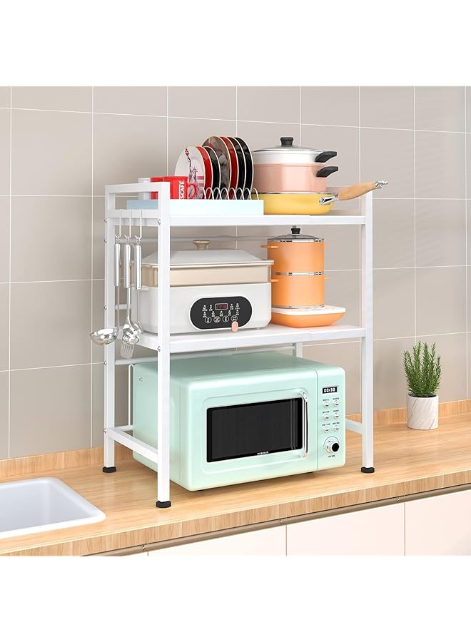 TRASSLE Extendable Microwave Oven Rack Adjustable Microwave Toaster Shelf Heavy Duty Stand Kitchen Counter Top Organizer 3 Tier With 6 Hooks White - Image 2