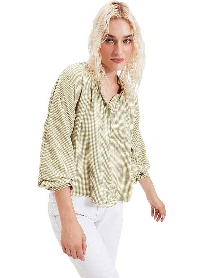 ترينديول قميص نسائي عادي منسوج بياقة ماندرين - Image 1