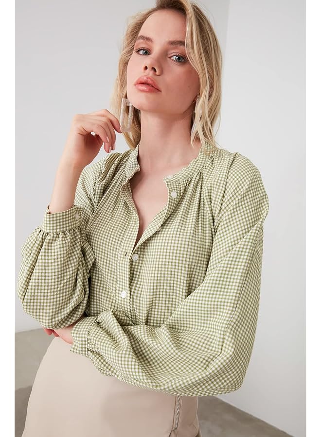 ترينديول قميص نسائي عادي منسوج بياقة ماندرين - Image 5