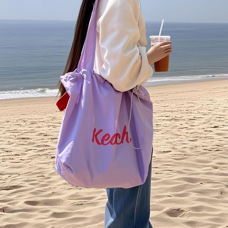 Korean Style Letter Print Large Capacity Nylon Shoulder Bag with Drawstring Tote - Image 3