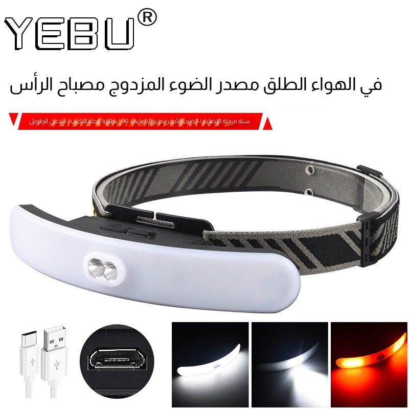 USB Rechargeable LED Headlamp with Red Warning Light, Wide Beam, Portable - Image 1