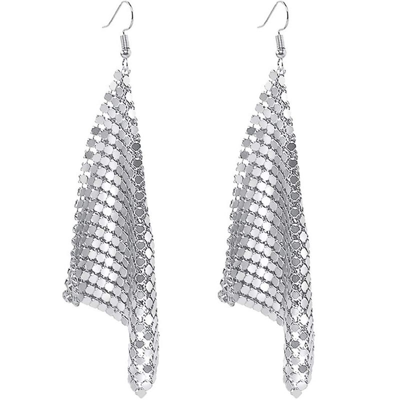Suyi Trendy Women Earrings Metal Mesh Grid Sequins Tassel Long Drop Dangle Earrings Silver - Image 1