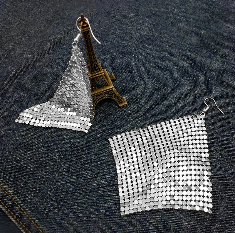 Suyi Trendy Women Earrings Metal Mesh Grid Sequins Tassel Long Drop Dangle Earrings Silver - Image 2