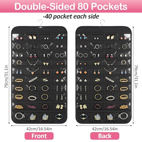 Okxiri 1 Pack Hanging Jewelry Organizer, 80 Clear Pockets earring organizer and storage, Accessories holder organizer for Closet, Jewelries, Necklace, Travel - Image 2
